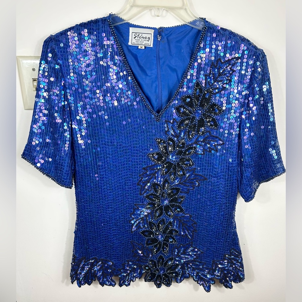VTG Stenay‎ 100% Silk Blouse Women's M Beaded Sequin Glam Blue Black Floral 80s